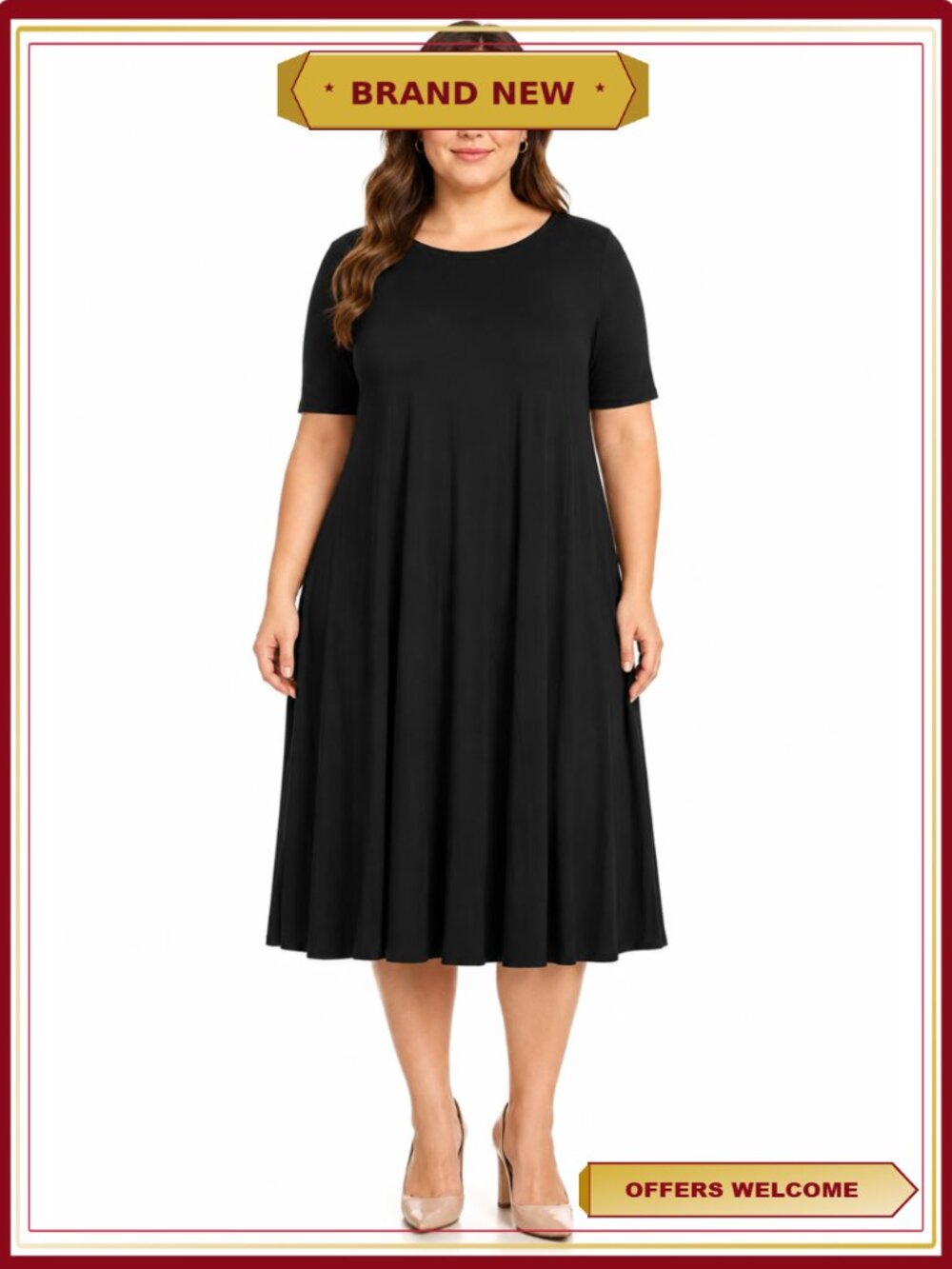 Plus Size Short Sleeve A-Line Midi Dress Casual Jersey Knit Round Neck